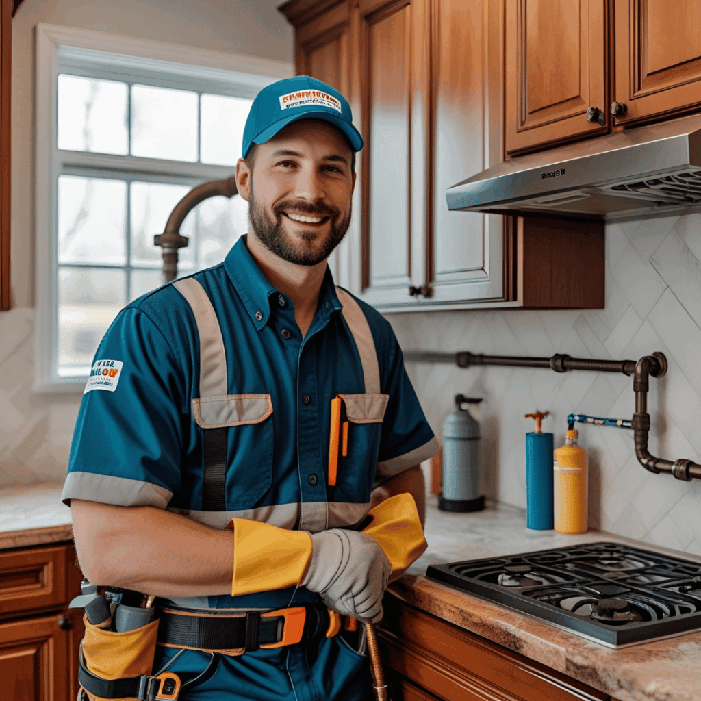 Plumber in uniform smiling in a kitchen, showcasing expertise in plumbing repair services for Clinton Township.