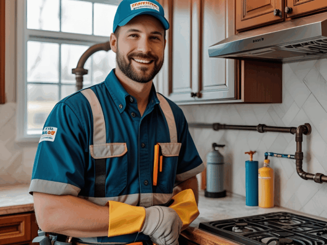 Smiling plumber in uniform with gloves, standing in a kitchen beside a sink and gas stove, showcasing plumbing tools and supplies, relevant to Frost & Kretsch Plumbing services.