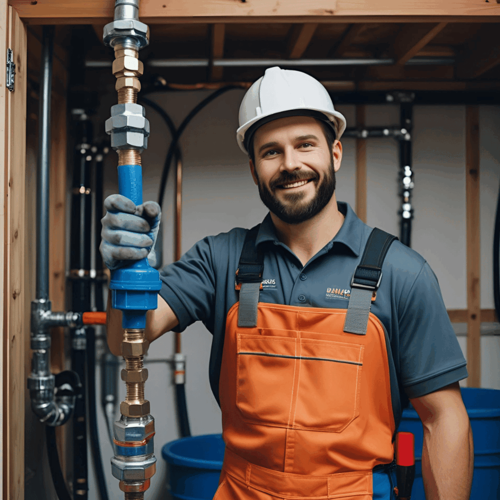 Plumber in orange overalls and hard hat holding plumbing pipe, showcasing reliable plumbing services in Clinton Township by Frost & Kretsch Plumbing.
