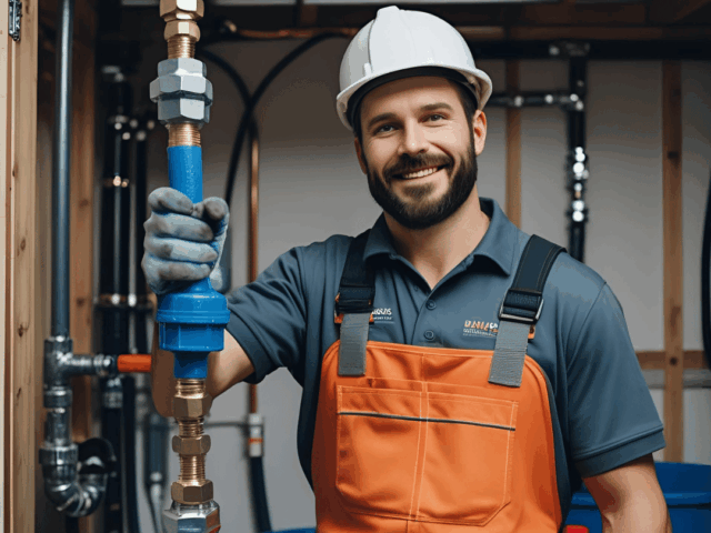 Smiling plumber in safety gear holding a blue pipe fitting, showcasing professional plumbing services in a residential setting.