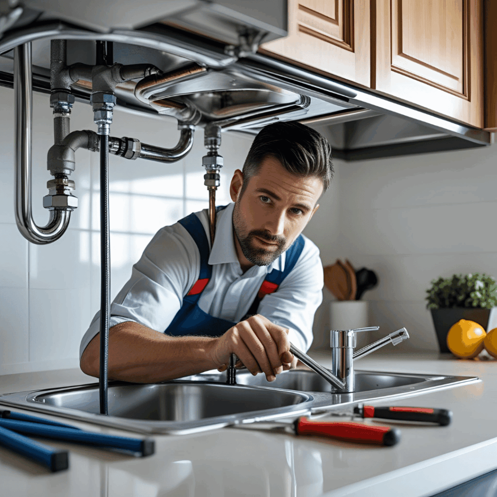Plumber working under kitchen sink with tools, showcasing plumbing services by Frost & Kretsch Plumbing in Clinton Township.