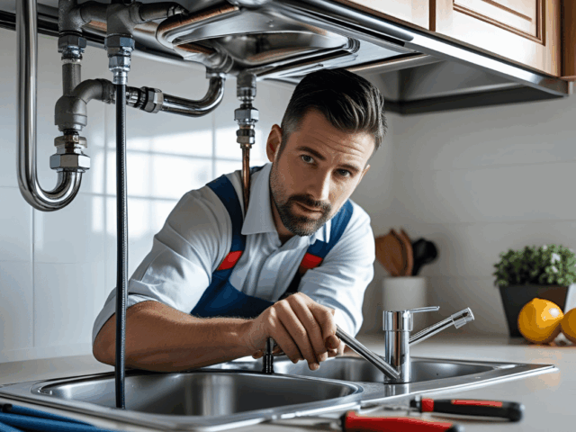 Plumber working under kitchen sink with tools, demonstrating expert plumbing service from Frost & Kretsch Plumbing in a modern kitchen setting.