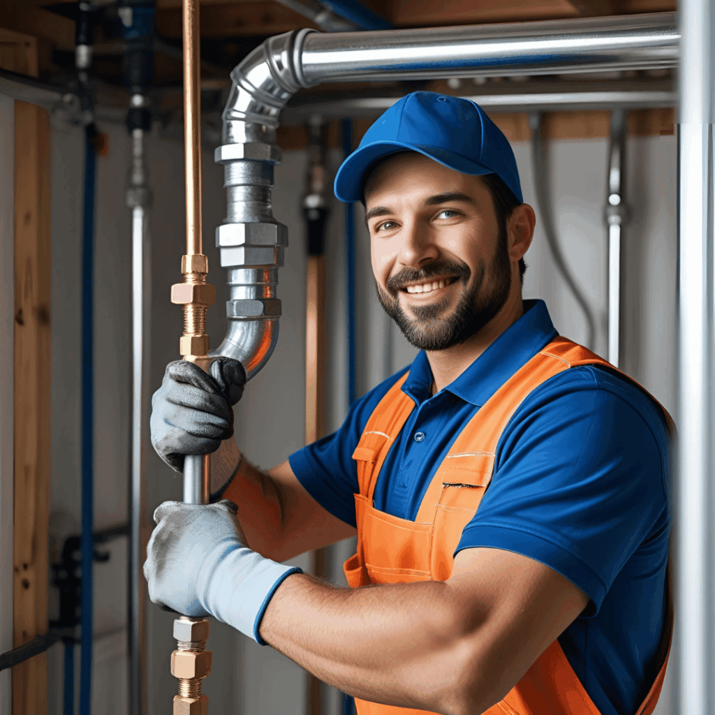 Smiling plumber in blue uniform and orange vest holding a copper pipe, showcasing professional plumbing services in a residential setting, representing Frost & Kretsch Plumbing in Clinton Township.