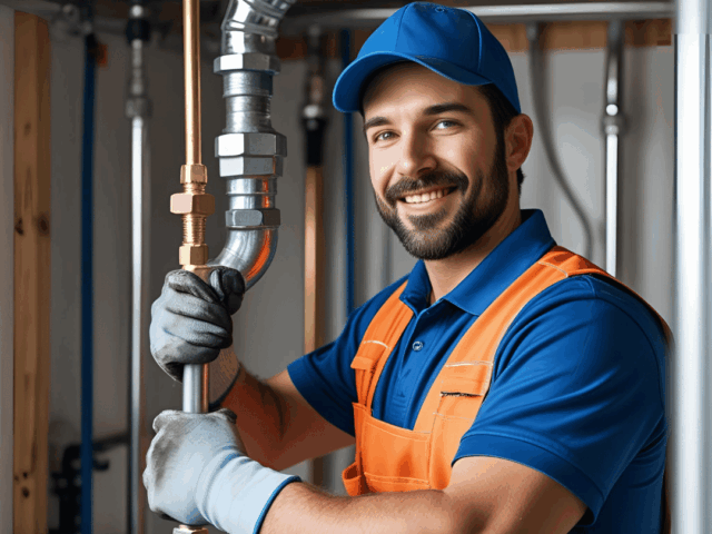 Smiling plumber in blue uniform and orange apron, holding copper pipe fitting, representing Frost & Kretsch Plumbing services in Fraser and Clinton Township.