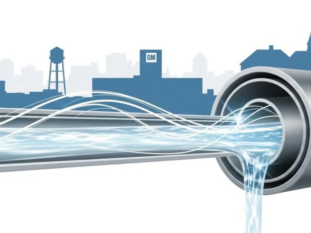 Illustration of flowing water from a pipe with a city skyline background, representing plumbing services and drain cleaning solutions in Macomb.