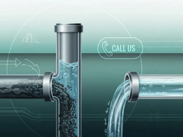 Illustration of plumbing pipes with water flow, one side showing clogged pipe with black debris and the other side clear water, featuring a "CALL US" prompt, relevant to clogged drain solutions and plumbing services.