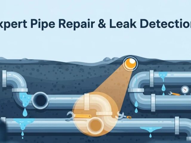 Expert pipe repair and leak detection graphic showing underground pipes with water leaks, tools, and a spotlight illuminating the repair area.