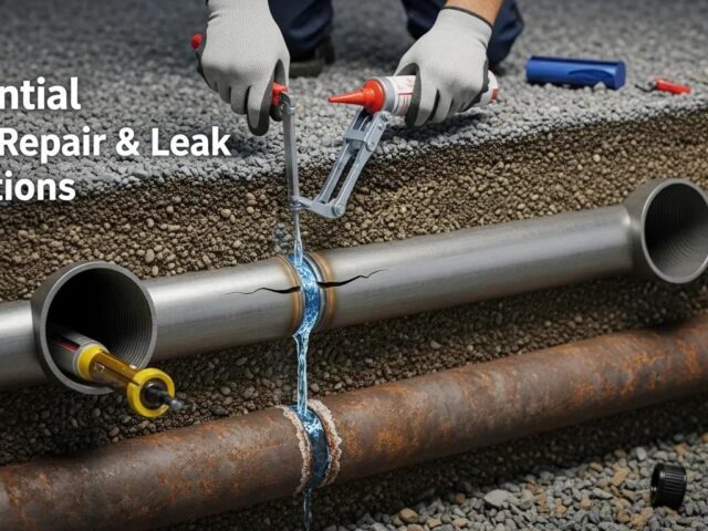 Plumber applying sealant to cracked pipe during essential pipe repair and leak detection process.