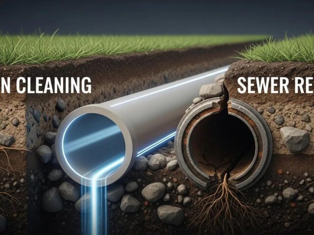Drain cleaning and sewer repair comparison, showcasing clean pipe with flowing water and damaged pipe with roots, emphasizing plumbing solutions for homeowners.
