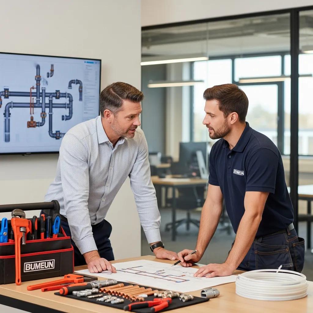 Business owner discussing plumbing needs with a commercial plumber in a professional setting