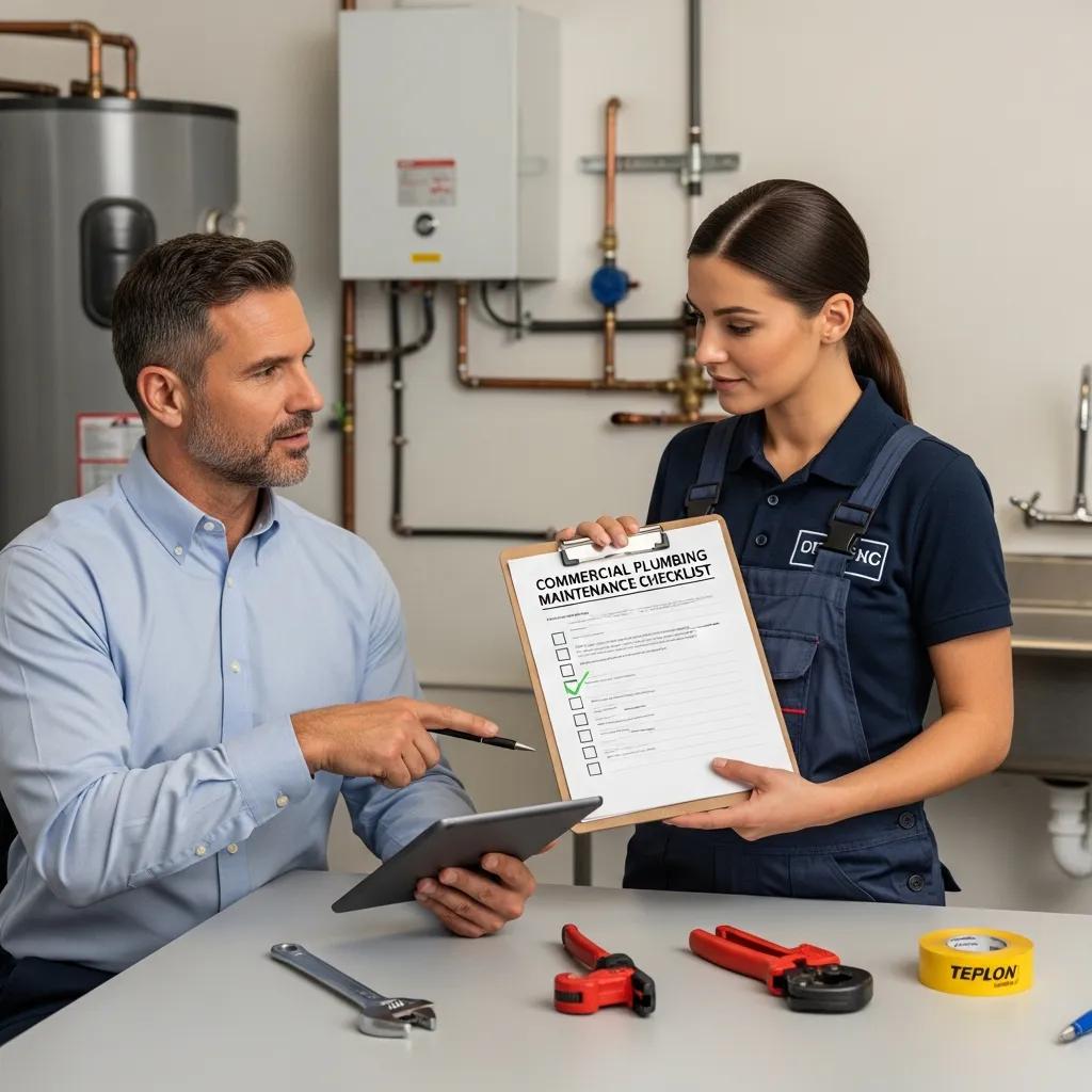 Business owner reviewing a plumbing maintenance agreement with a professional plumber in Warren
