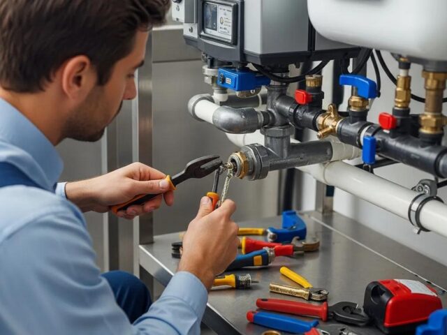 Commercial plumber repairing plumbing system in business environment with tools.