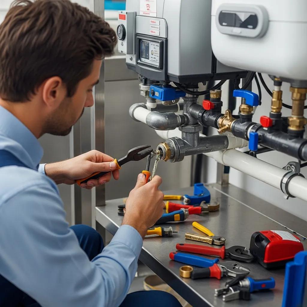 Commercial plumber fixing plumbing system in a business environment