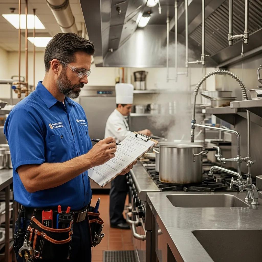 Commercial plumber inspecting pipes in a restaurant kitchen