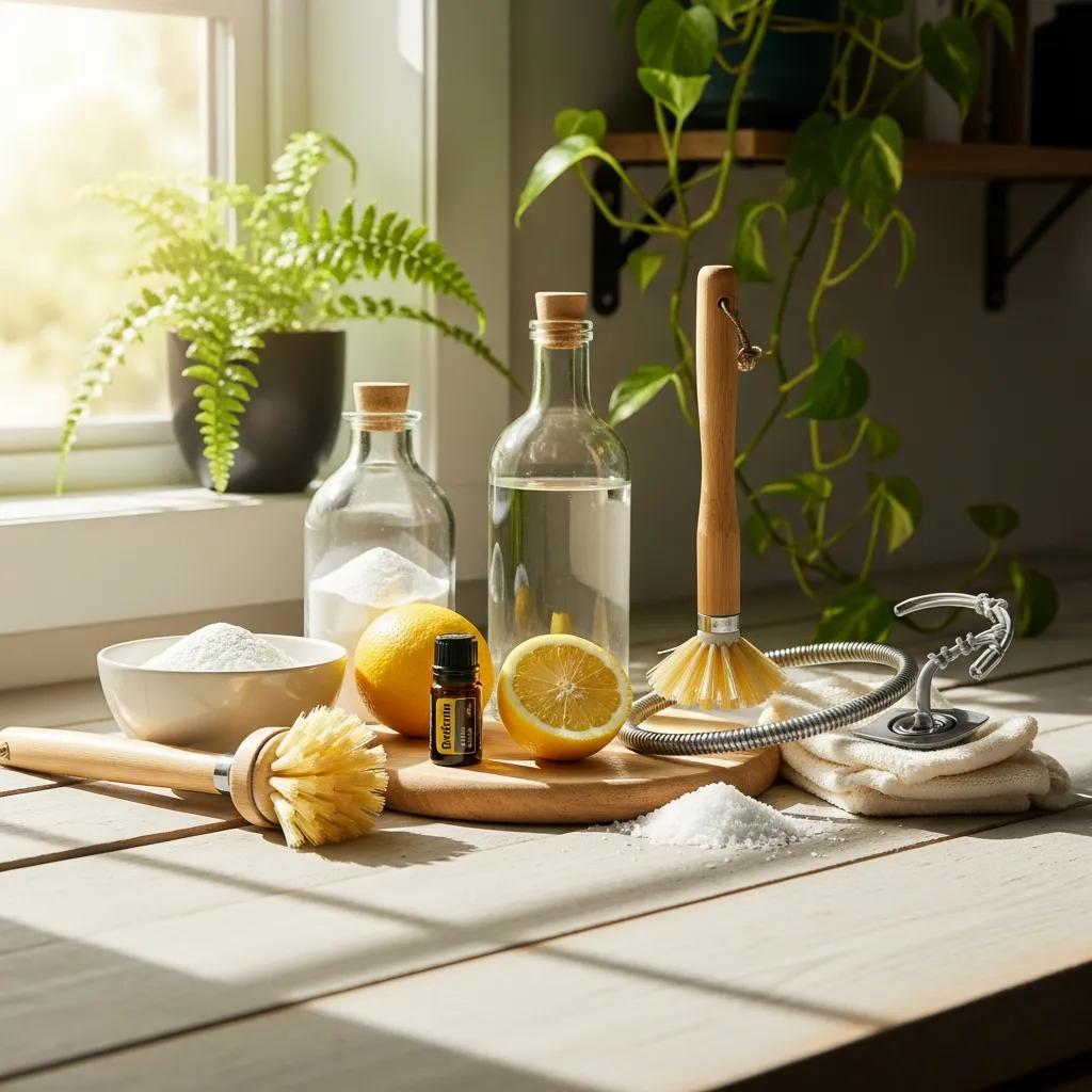 Natural, eco-friendly drain cleaning products on a kitchen counter