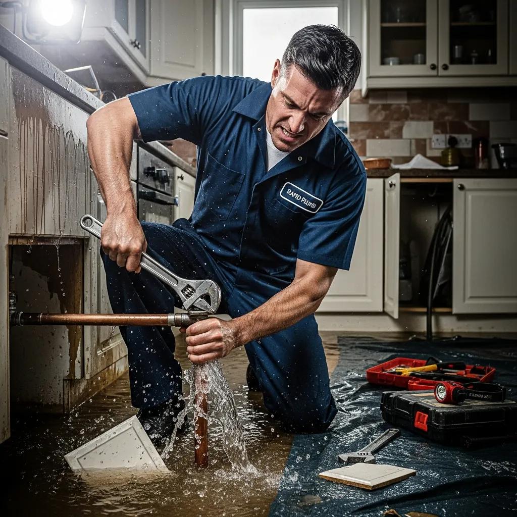 Emergency plumber repairing a burst pipe inside a home