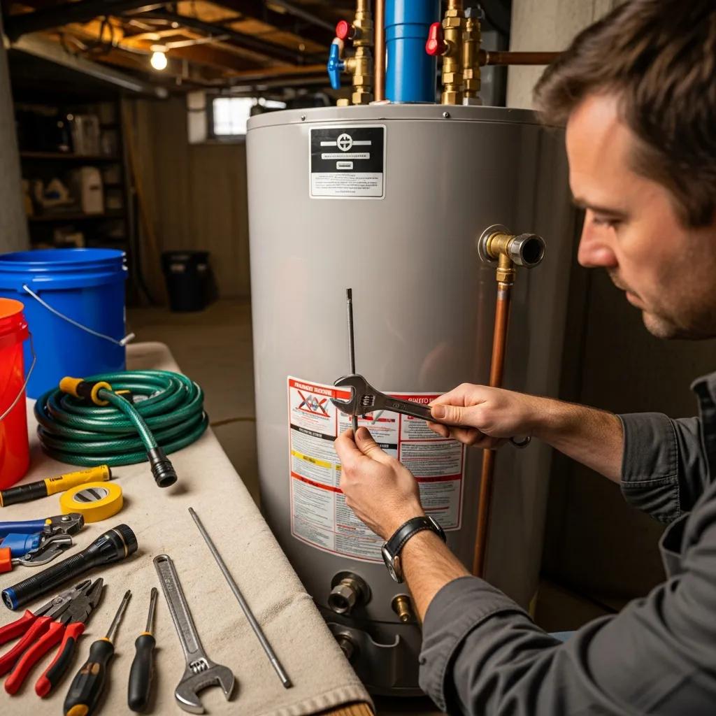 Homeowner performing maintenance on a water heater, using tools and checking safety labels, emphasizing diligent upkeep for efficiency and longevity.