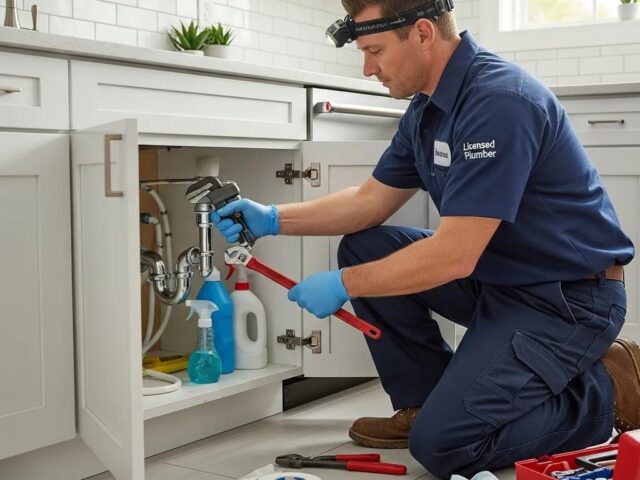 Licensed plumber repairing residential plumbing under a kitchen sink, using tools and wearing gloves, with cleaning supplies visible in the background.