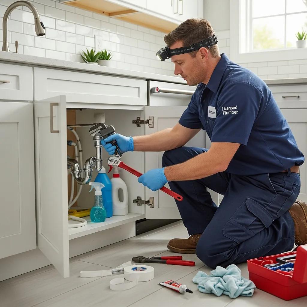 Licensed plumber fixing a residential plumbing system under a sink