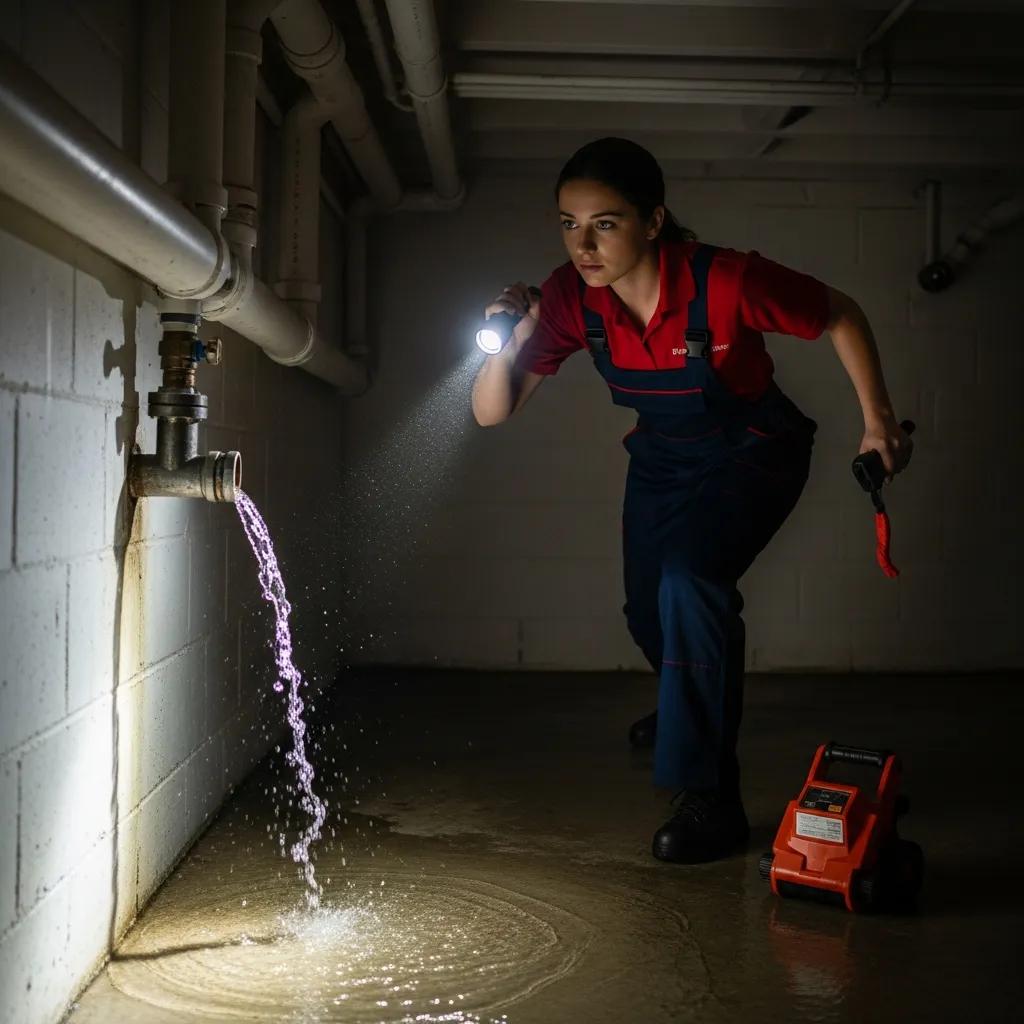 Local technician evaluating a basement pipe leak &mdash; quick, informed emergency response