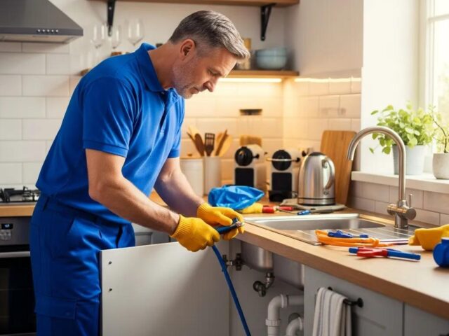 Local plumber repairing a pipe under a kitchen sink, emphasizing community plumbing services in Macomb.