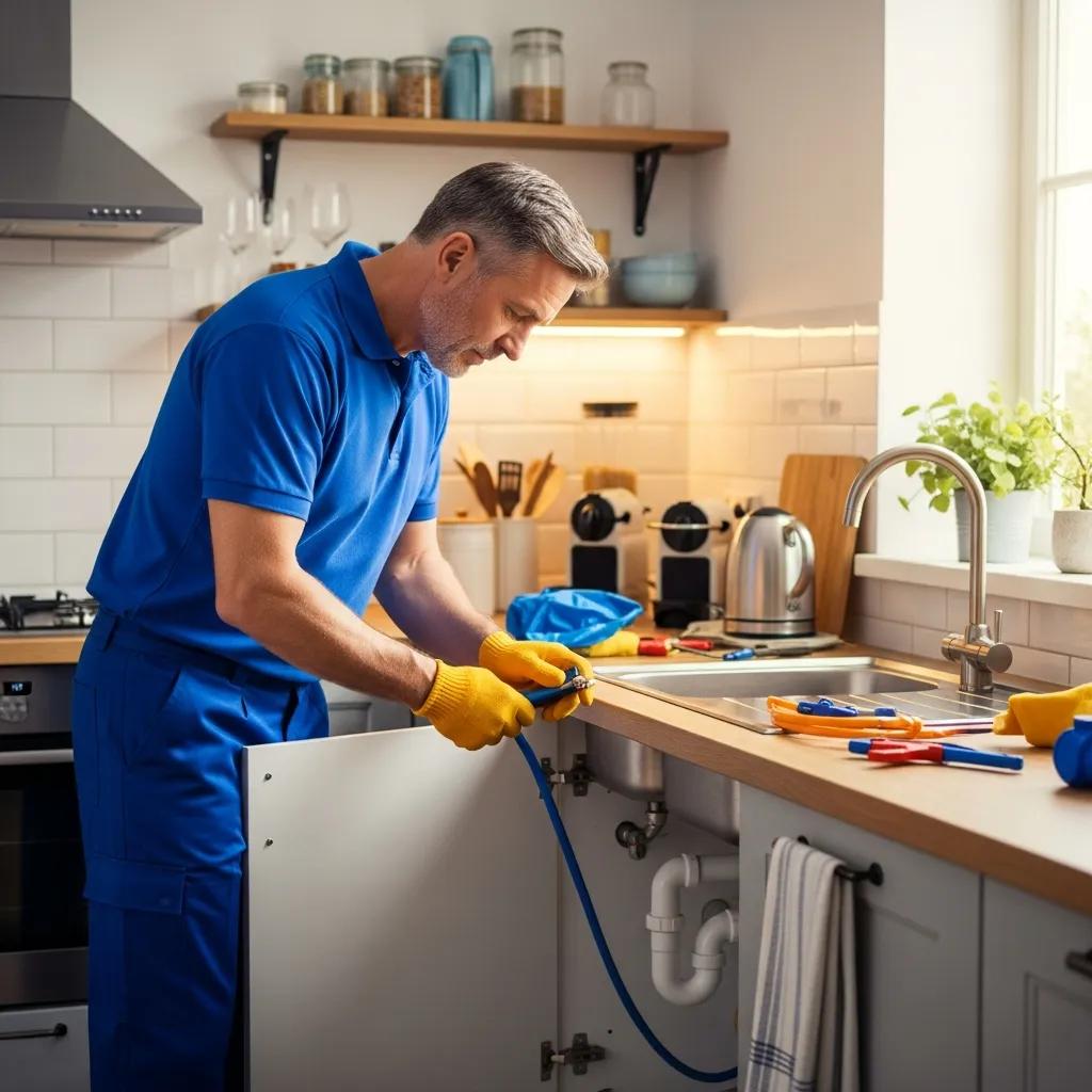 Local plumber repairing a pipe under a kitchen sink, emphasizing community plumbing services