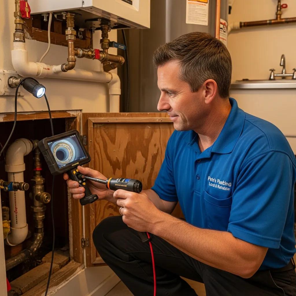 Plumber using a video inspection camera to check household pipes
