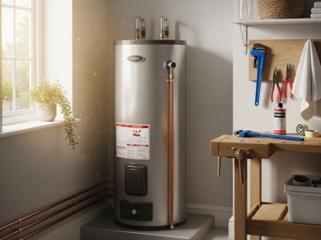 Modern water heater in a cozy utility room, symbolizing home comfort and reliability, with plumbing tools and accessories nearby.