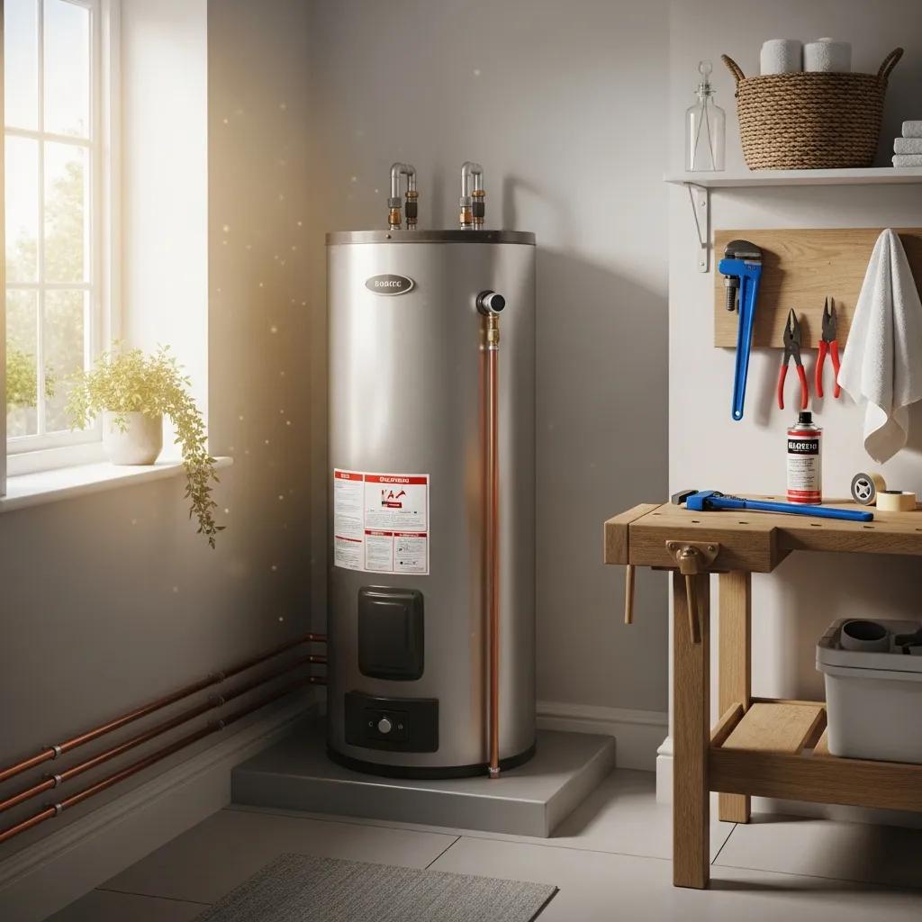 Modern water heater in a cozy utility room, emphasizing home comfort and reliability, with plumbing tools and supplies nearby.