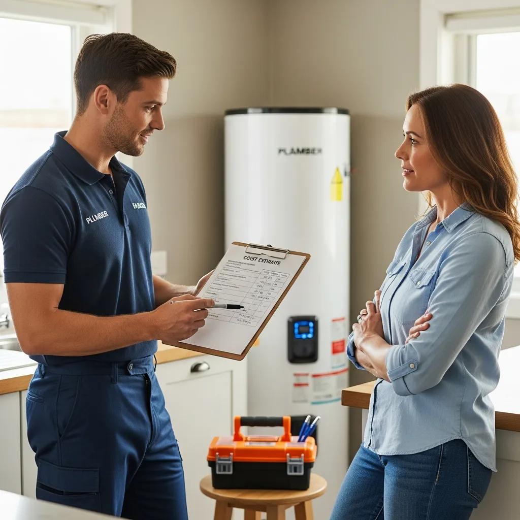 Plumber discussing water heater repair costs with a homeowner in a kitchen setting, holding a cost estimate on a clipboard, with a water heater in the background.
