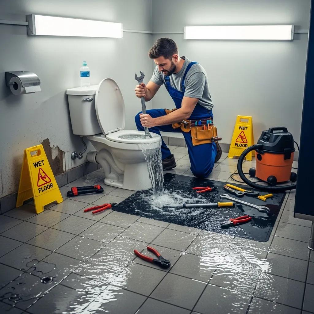 Plumber responding to a commercial plumbing emergency with visible water damage in a business space