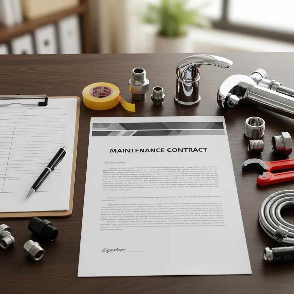 Maintenance agreement document next to plumbing tools on a desk