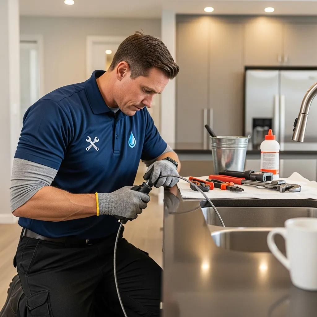 Professional plumber cleaning a drain in a residential kitchen, showcasing plumbing tools and equipment