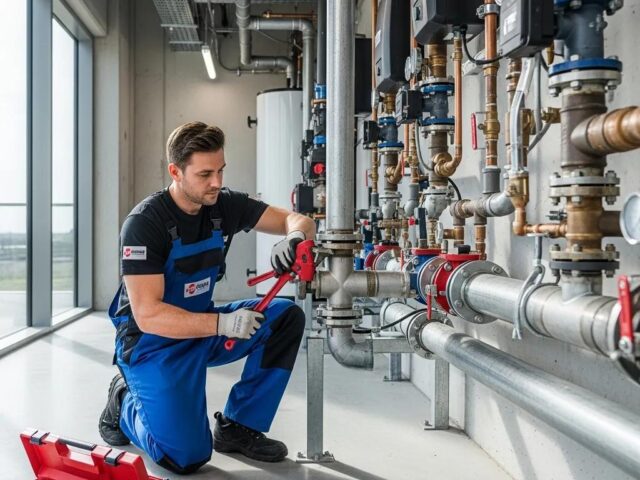 Professional plumber working on commercial plumbing system, adjusting pipes with wrench, in modern facility setting, highlighting plumbing services in Warren.