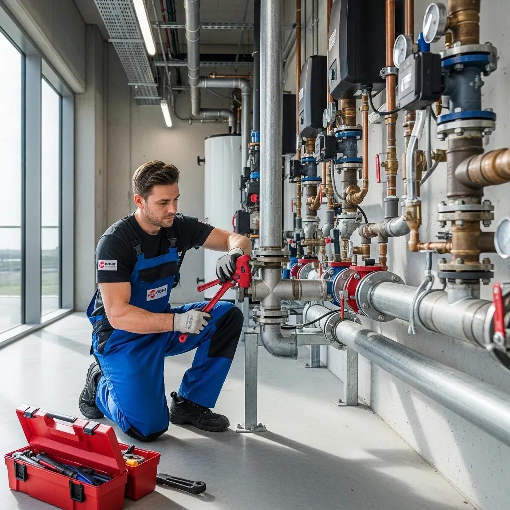 Professional plumber working on commercial plumbing system in Warren, Michigan