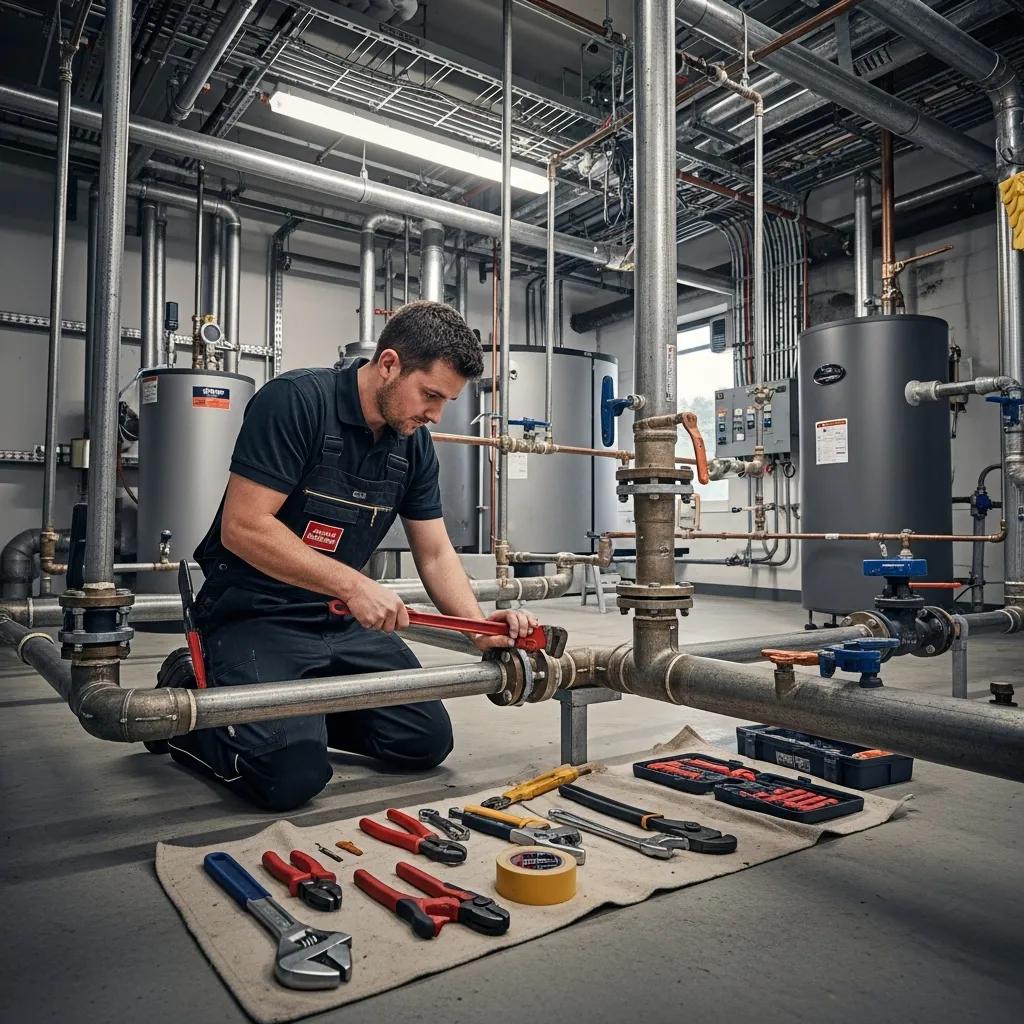 Professional plumber working on commercial plumbing system with tools in a business setting