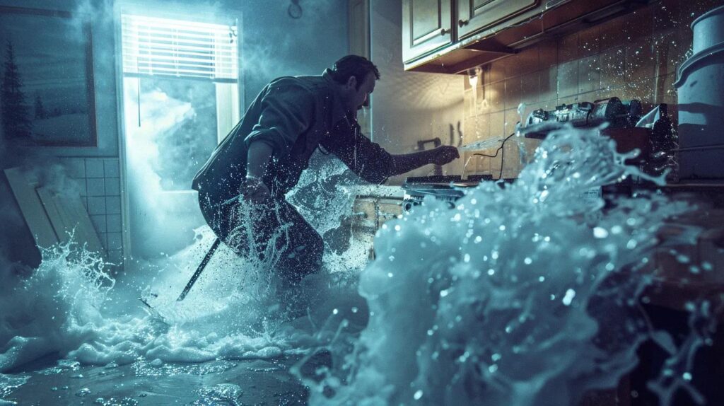 Plumber responding to a burst pipe inside a home