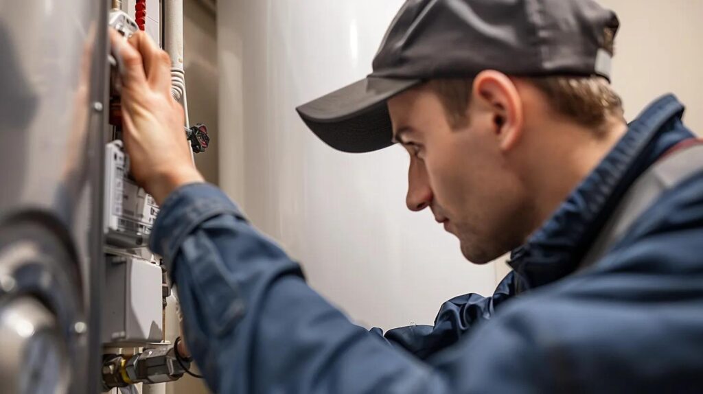 Technician installing a residential water heater