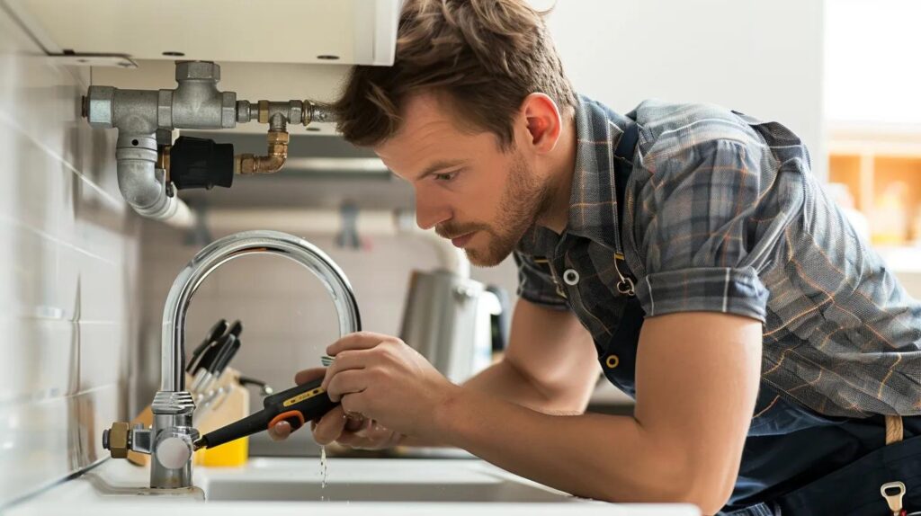 Professional plumber fixing a residential plumbing system under a sink