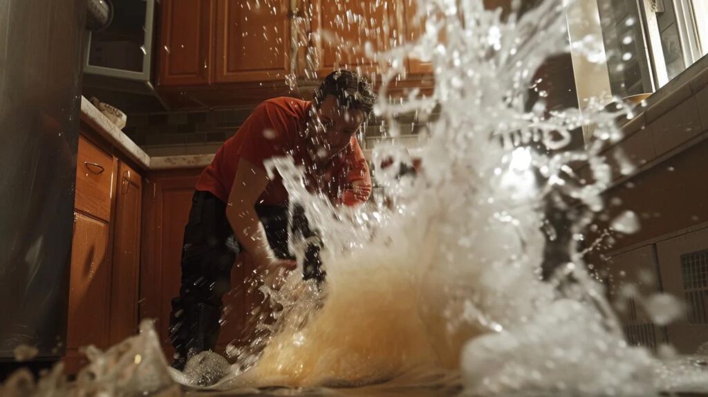 Plumber responding to a burst pipe in a home — urgent on-site plumbing repair