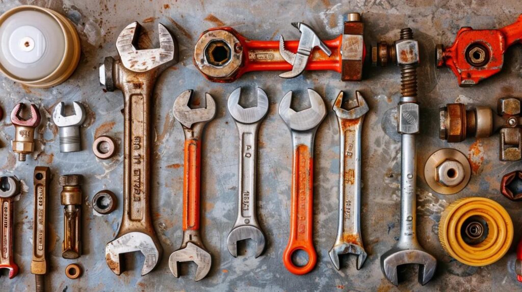Set of plumbing tools laid out for home repairs and maintenance