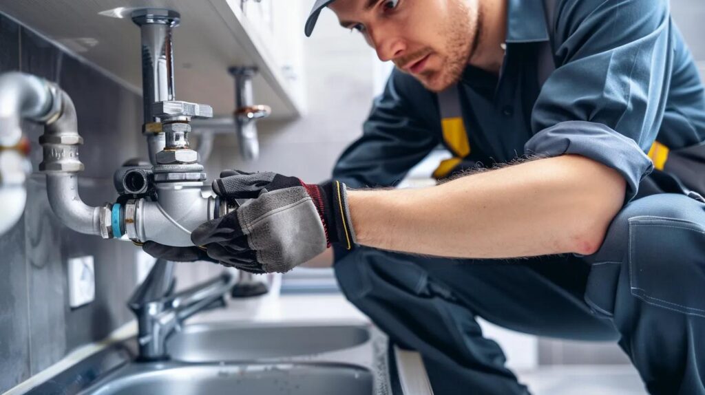 Professional plumber repairing a pipe in a residential home, showcasing reliable plumbing services