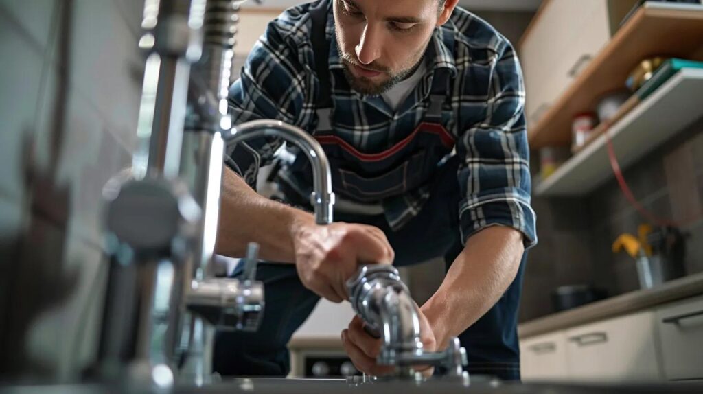 Professional plumber working on plumbing system in a residential kitchen