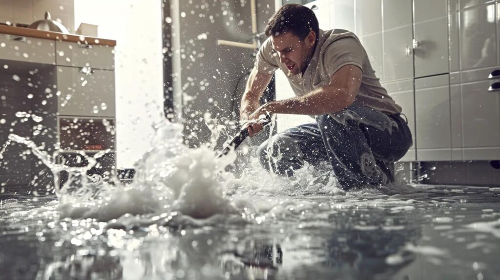 Plumber fixing a burst pipe in a home