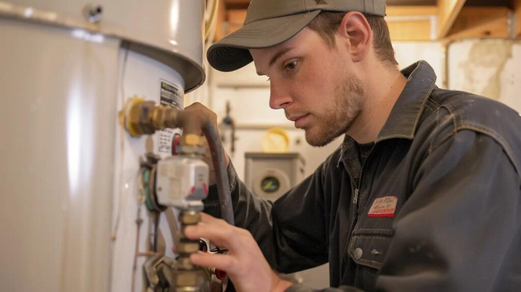 Licensed plumber inspecting a home water heater