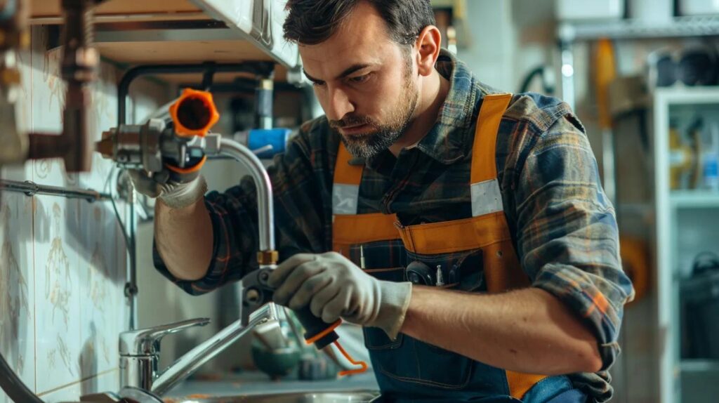 Licensed plumber fixing a plumbing issue in a home, emphasizing reliability and expertise