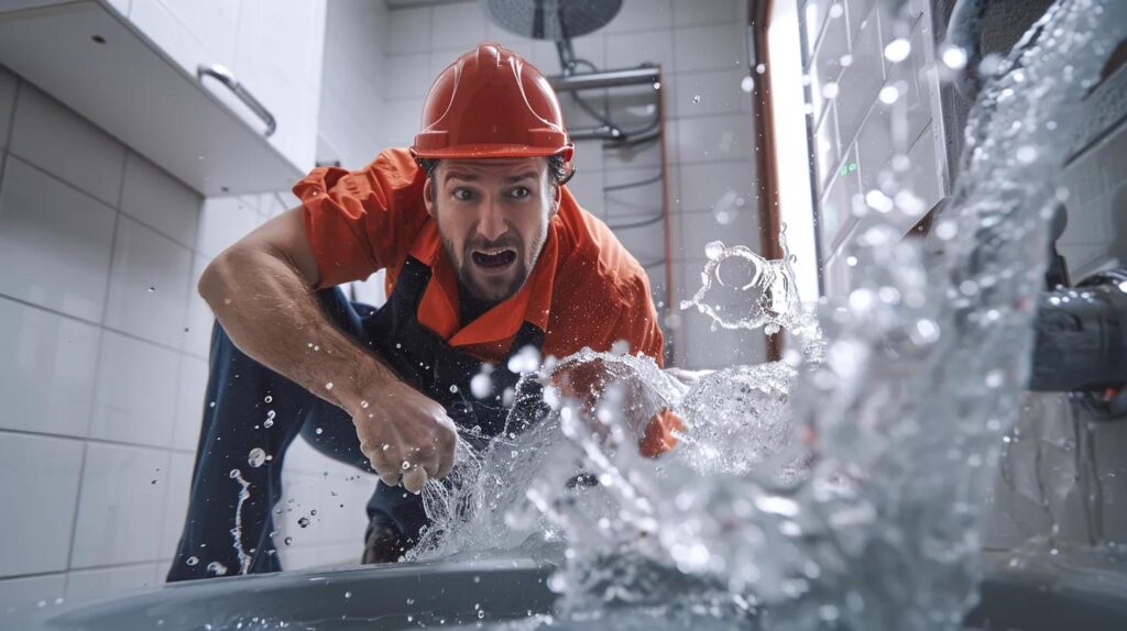 Emergency plumber fixing a burst pipe — fast, urgent plumbing response