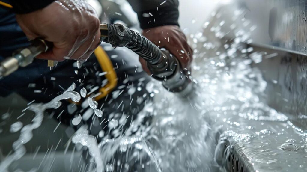 Plumber using hydro jetting equipment to clear a drain — advanced cleaning methods